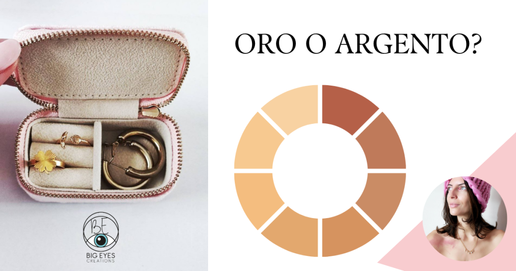 Foto con portagioie, palette di colori e titolo: oro o Argento?