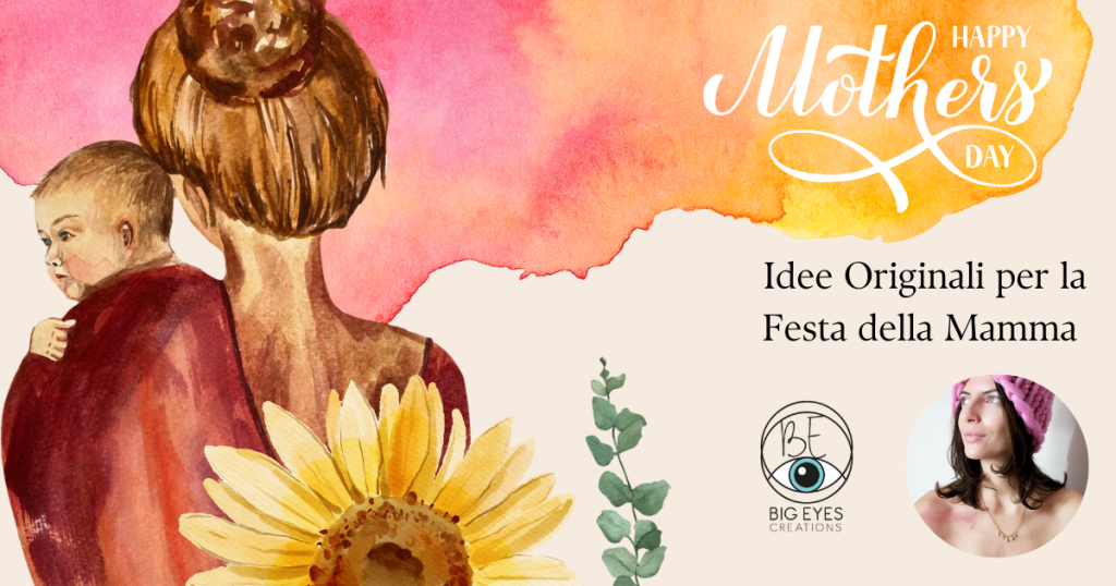 Disegno di mamma con bambino, fiori e scritta festa della Mamma